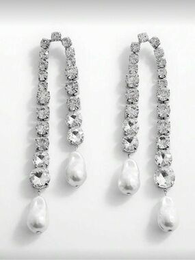 Clear Crystal and White Pearl Linear Drop Earrings